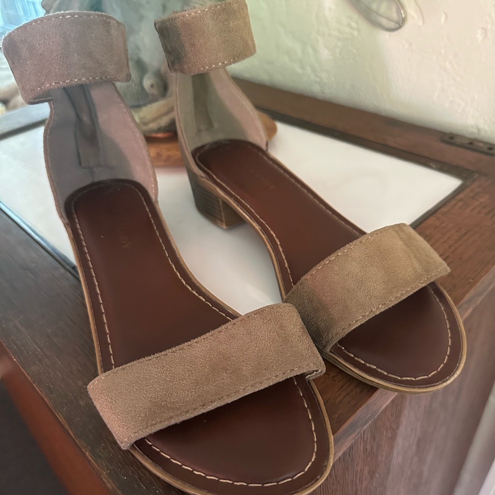Rock & Candy Brown Suede Ankle-Strap Block Heel Sandals